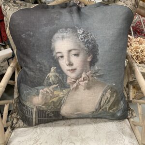 Linen Scatter- victorian girl with bird 60 x 60